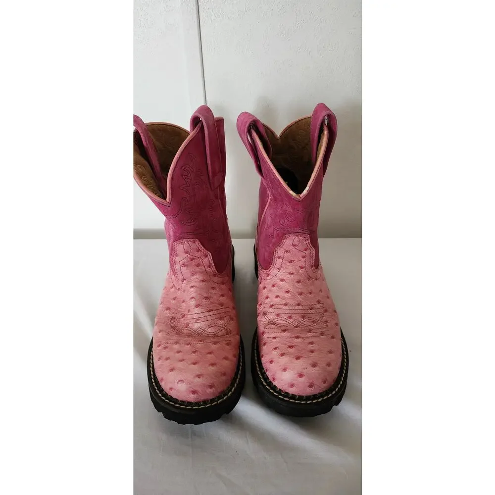 Ariat Fatbaby Pink Ostrich Print Leather Hot Pink Suede Western Boots 6 B